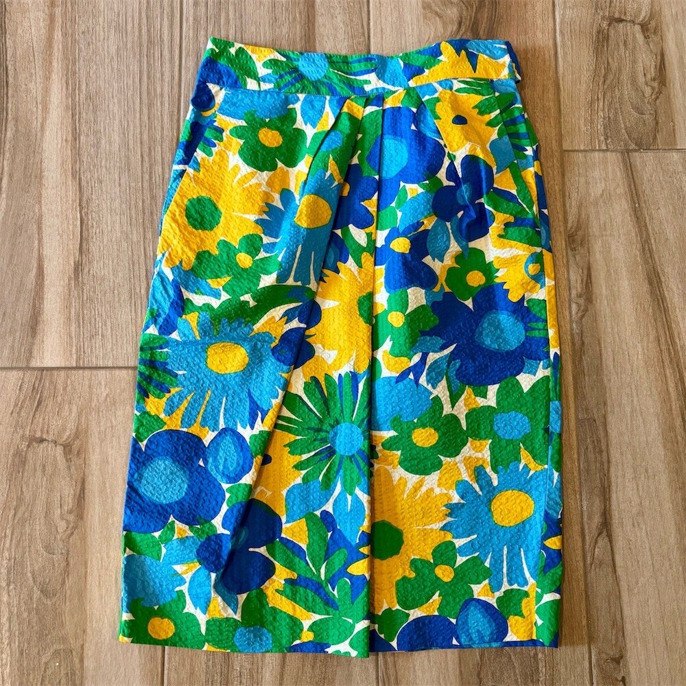 J.Crew Skirt Womens Size 8 Blue Green Yellow Floral Tie Waist Pencil